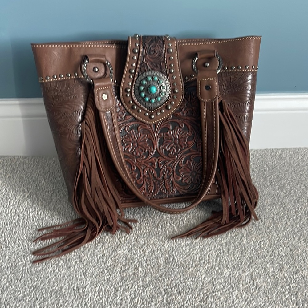 Concealed Carry Zip Top Shoulder Bag Tote Floral Tooled Leather Handbag Purse